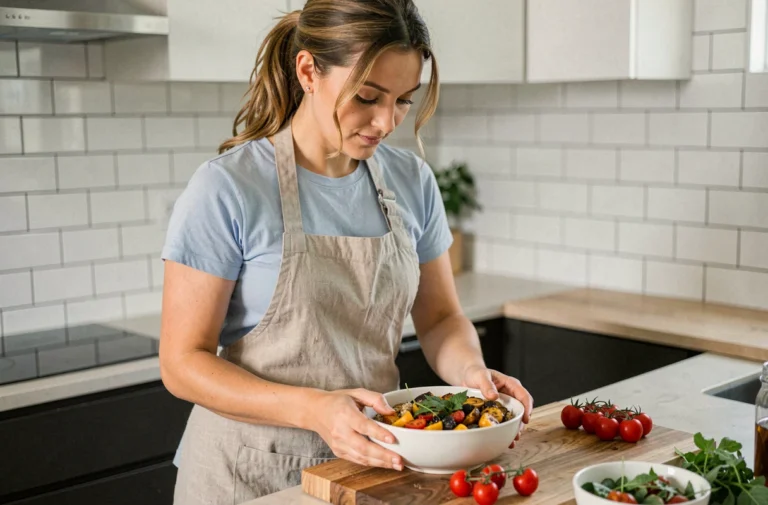 Femme préparant un bowl de légumes rôtis et céréales dans une cuisine moderne pour un repas rapide du quotidien
