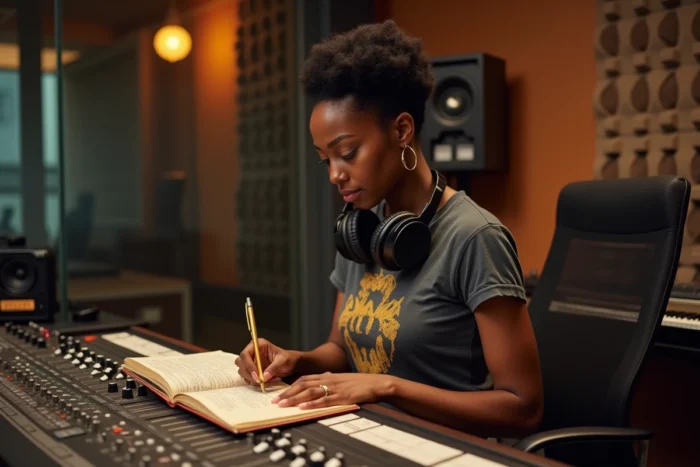 Productrice de rap en studio d'enregistrement analysant des paroles, symbole de la création musicale hip-hop