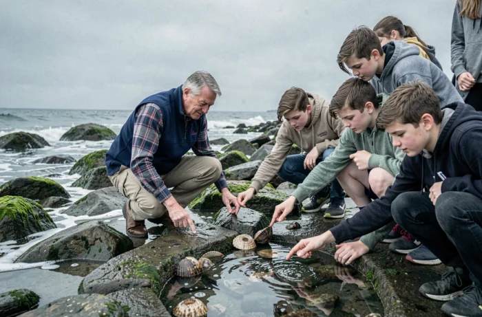 Professeur accompagnant des élèves lors d'une sortie pédagogique au bord de la mer