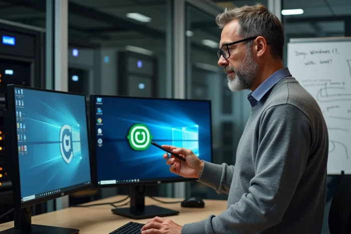 Professionnel IT comparant Linux Mint et Windows 11 sur deux moniteurs en bureau entreprise