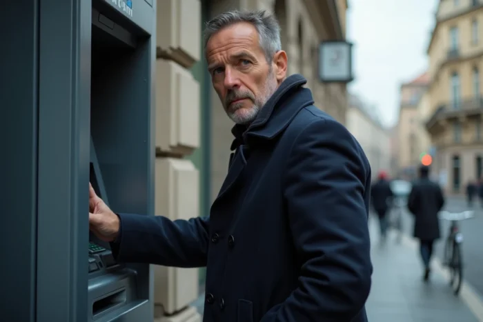 Homme protégeant son code PIN à un distributeur automatique de billets en ville