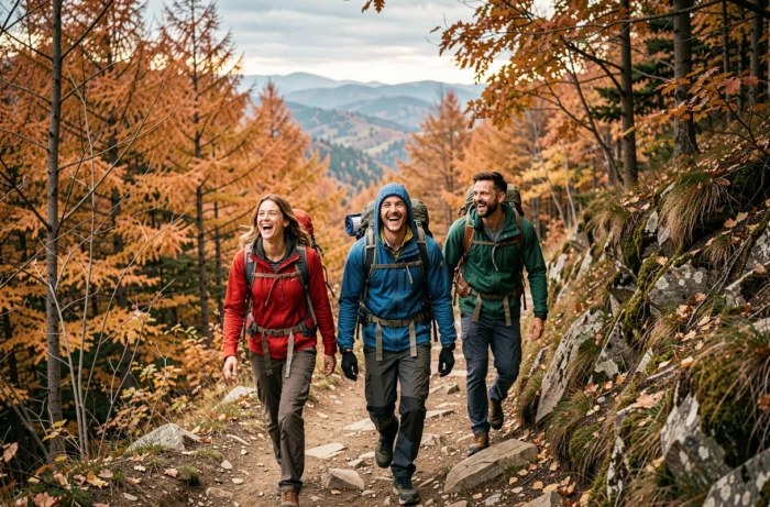 Groupe d'amis en randonnée sur un sentier de montagne entouré de feuillage automnal