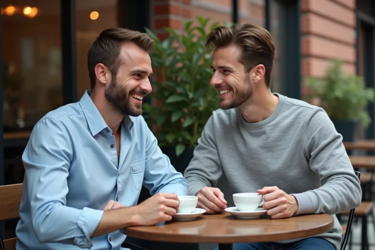 Deux hommes souriants en train de discuter autour d'un café en terrasse, illustrant des rencontres conviviales entre hommes via une application de rencontre gay