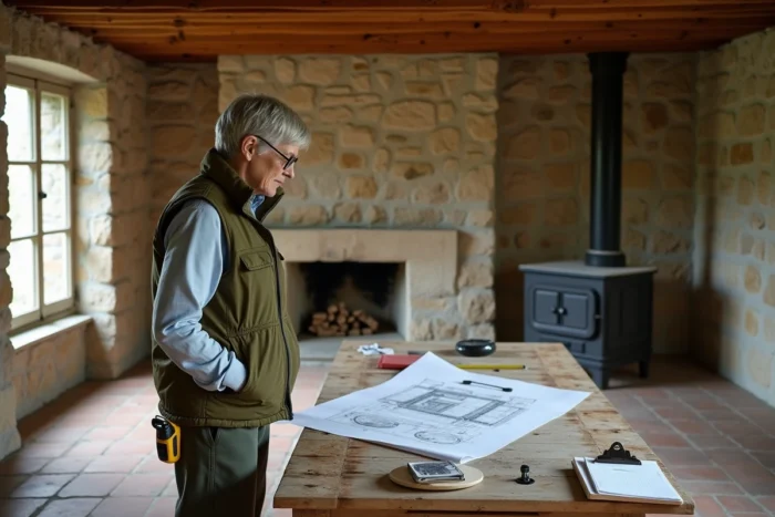 Femme architecte consultant des plans dans l'intérieur rénové d'une maison éclusière bretonne