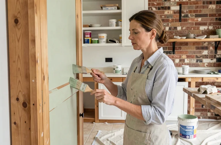 Femme appliquant de la peinture vert sauge sur un meuble de cuisine en bois lors d'une rénovation intérieure bricolage