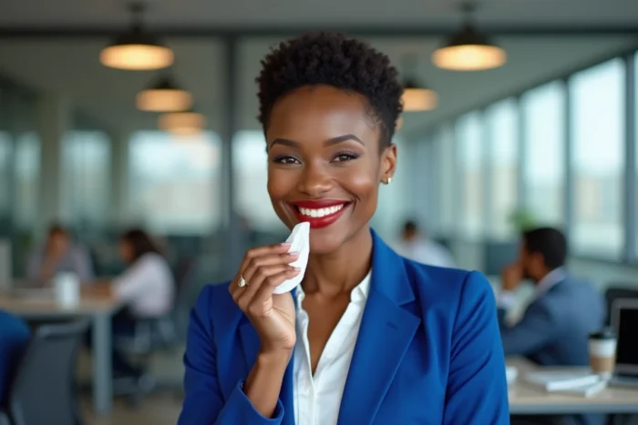 Femme professionnelle souriante avec un rouge à lèvres mat rouge longue tenue après application de la technique du buvard dans un bureau moderne