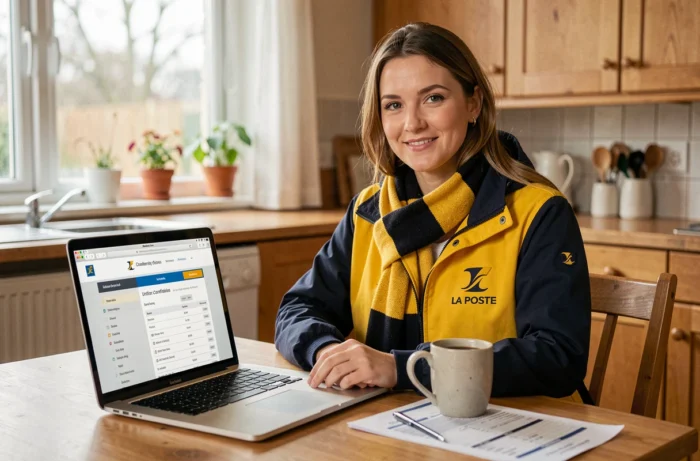 Salariée La Poste passant commande de sa tenue professionnelle depuis son domicile sur un ordinateur portable