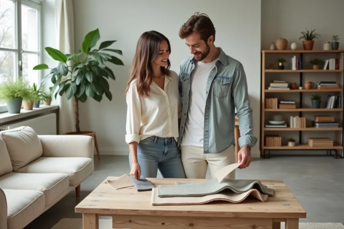 Couple examinant des échantillons de matériaux recyclés et durables dans un salon de style scandinave avec une décoration éco-responsable et des plantes
