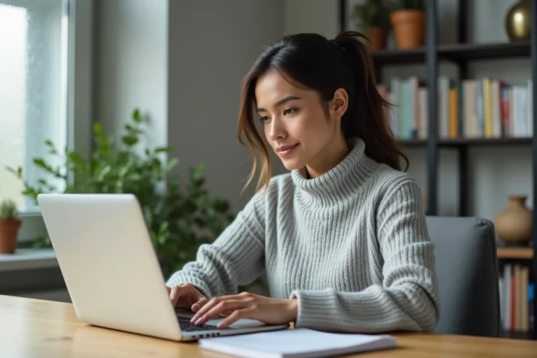 Femme sécurisant son compte bancaire en ligne sur un ordinateur portable dans un bureau à domicile