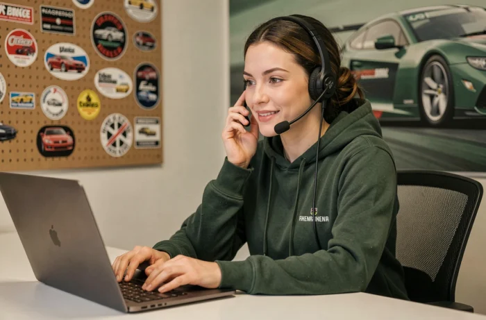Conseillère du service client Redracing Green au téléphone pour accompagner les projets clients