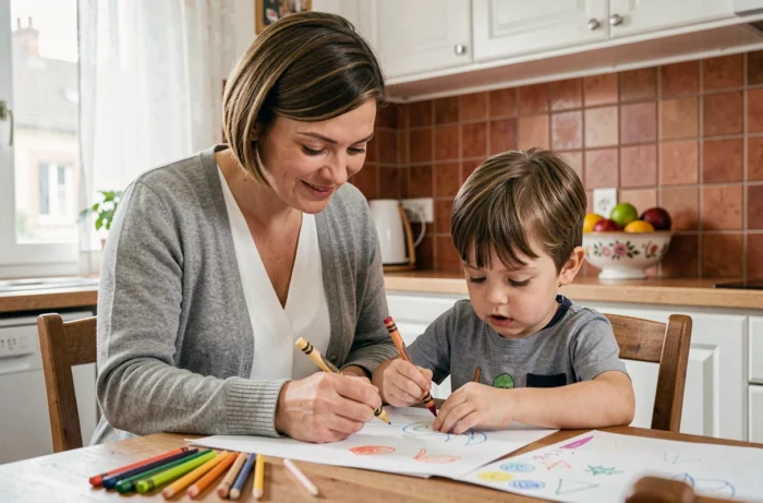 Nounou aidant un enfant à dessiner autour d'une table dans une cuisine à Besançon