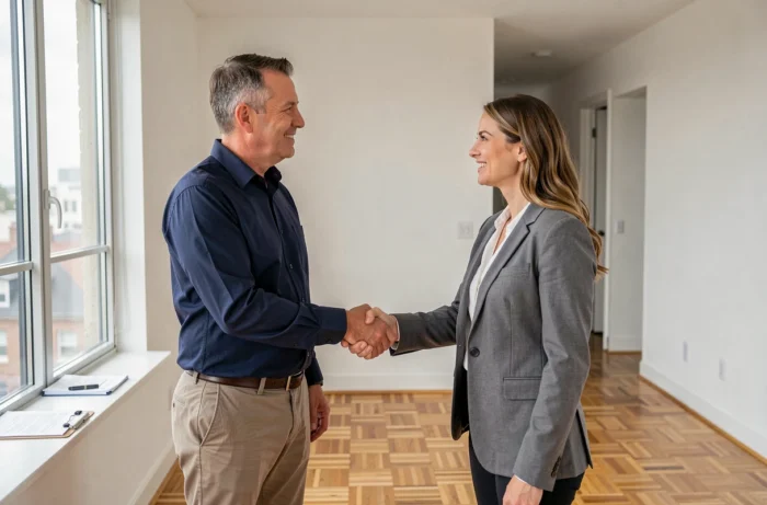 Homme et agent immobilier se serrant la main lors de la signature d'un accord dans un appartement vide