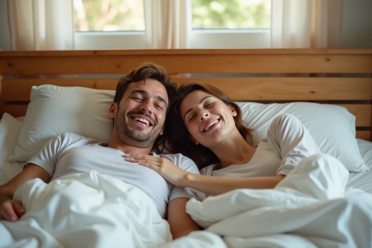 Couple heureux allongé ensemble dans un lit confortable, l'homme souriant les yeux fermés exprimant satisfaction et bien-être dans une relation épanouie