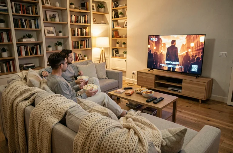 Couple installé confortablement sur un canapé pour une soirée télé à la maison avec popcorn et couvertures