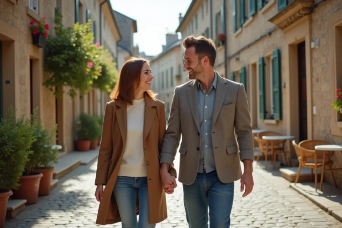 Un couple complice se promenant main dans la main dans un village français pittoresque, évoquant la vie de couple épanouie de Sophie Jovillard