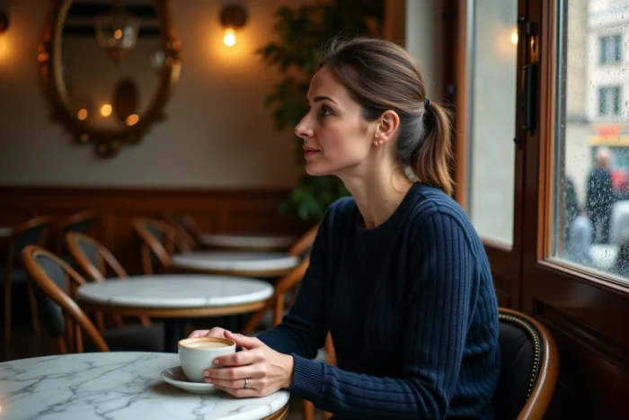 Femme pensive savourant un café dans un bistrot parisien typique, illustration d'un moment de vie intime et personnelle