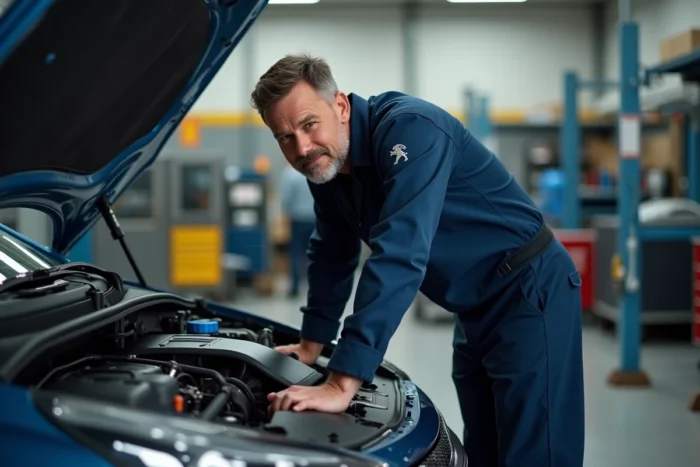 Technicien inspecte le moteur d'une Peugeot 208 dans un garage, guide des motorisations essence et diesel