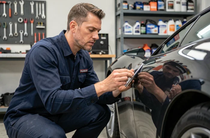 Technicien en styling automobile inspectant une pièce chromée sur une voiture de sport noire dans un atelier moderne