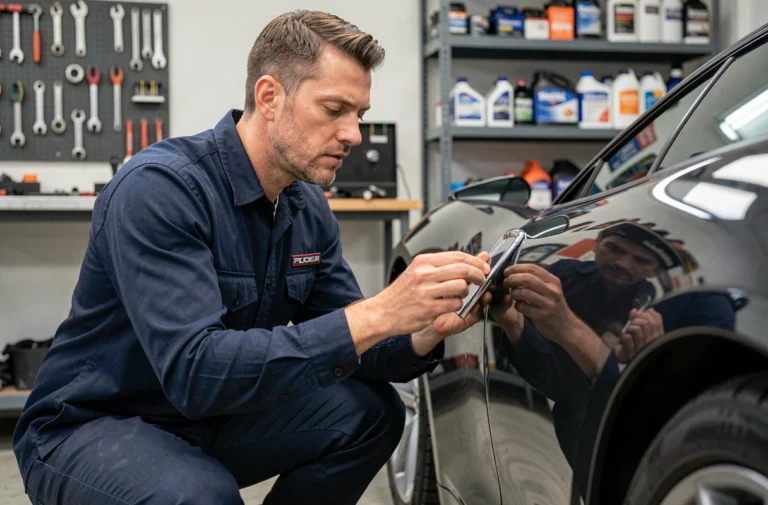 Technicien en styling automobile inspectant une pièce chromée sur une voiture de sport noire dans un atelier moderne