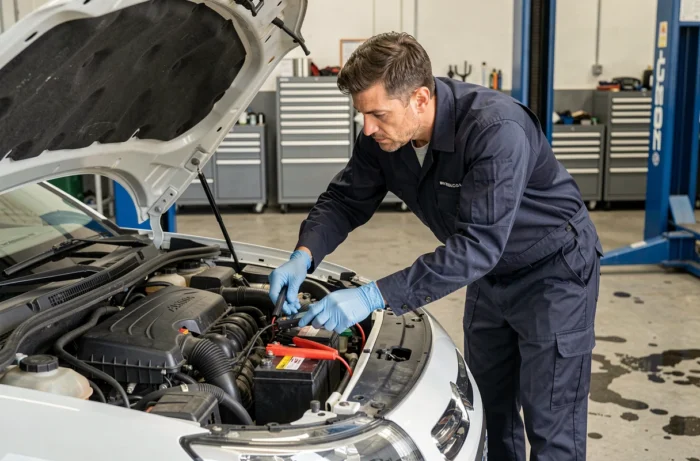 Technicien automobile testant la batterie d'une Citroën C3 avec un multimètre dans un atelier de réparation