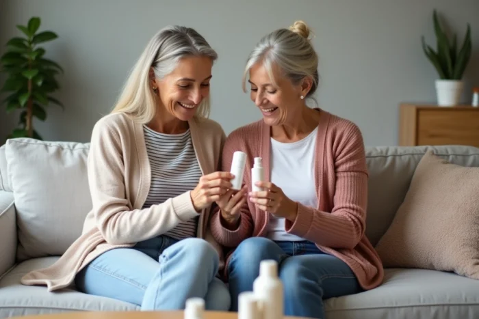 Deux femmes partageant leurs avis sur le produit Luvly dans un salon moderne