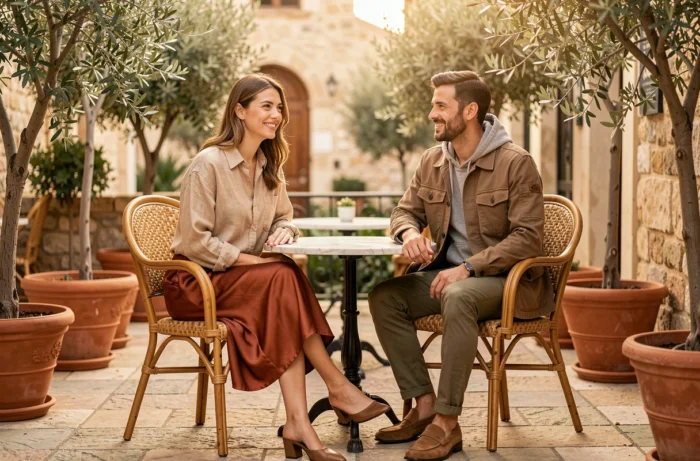 Deux amis en tenues tendance tons terre assortis attablés à une terrasse de café méditerranéenne, style mode quotidien automne