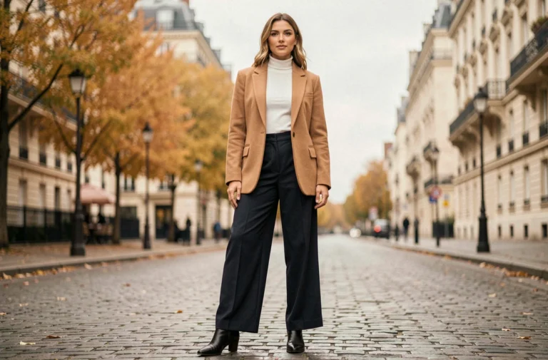 Femme élégante portant un blazer camel oversize et un pantalon large marine dans une rue pavée parisienne en automne, look mode tendance saison