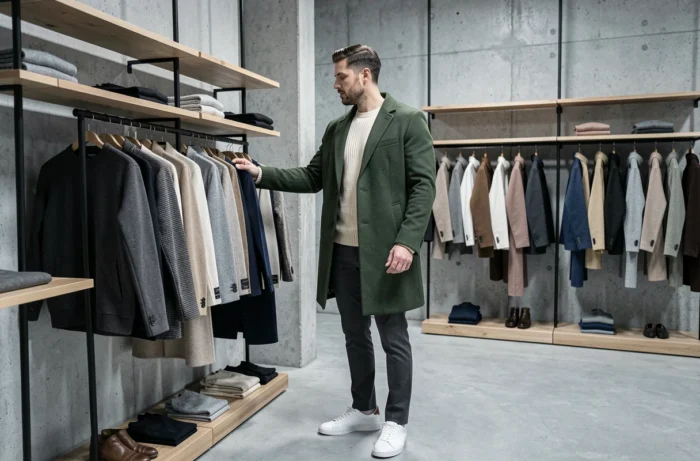 Homme stylé en manteau vert forêt et pull en maille crème dans un concept store minimaliste, tendances mode masculine automne-hiver