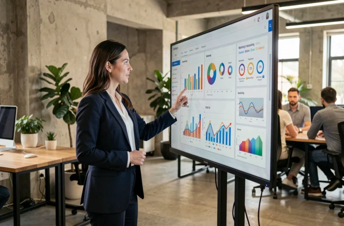Femme professionnelle présentant des tendances marketing 2024 sur un écran interactif dans un bureau moderne