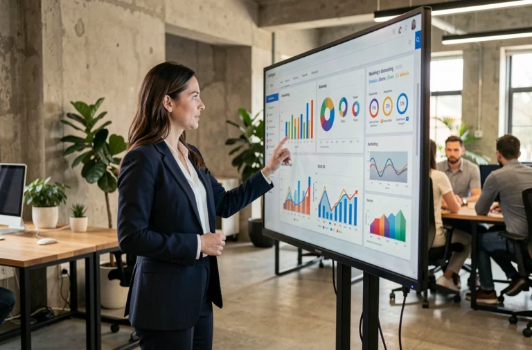 Femme professionnelle présentant des tendances marketing 2024 sur un écran interactif dans un bureau moderne