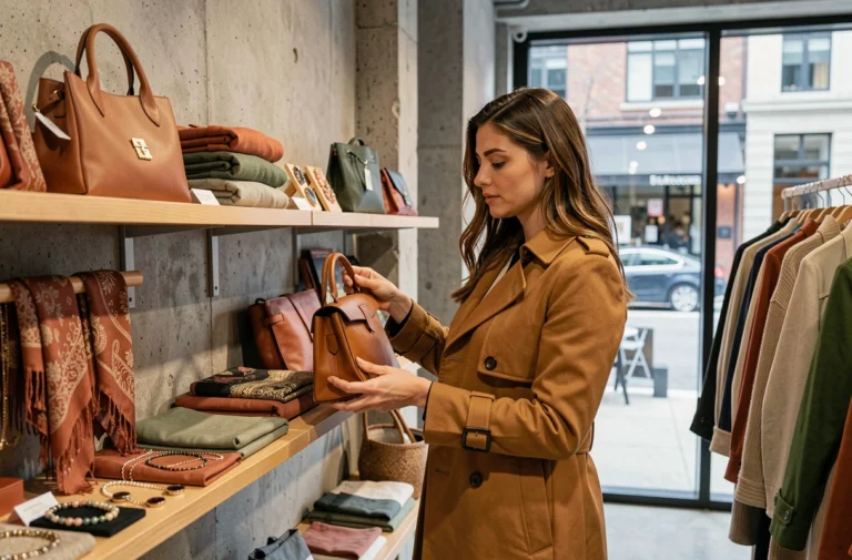 Femme élégante découvrant les nouvelles tendances mode et accessoires dans une boutique contemporaine