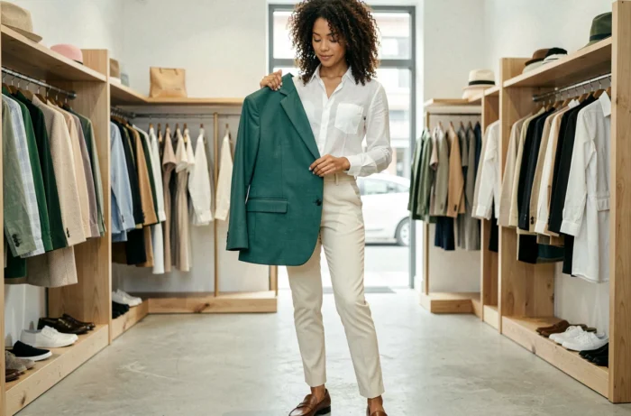 Femme aux cheveux bouclés essayant un blazer vert émeraude dans une boutique de mode contemporaine, shopping tendances saison