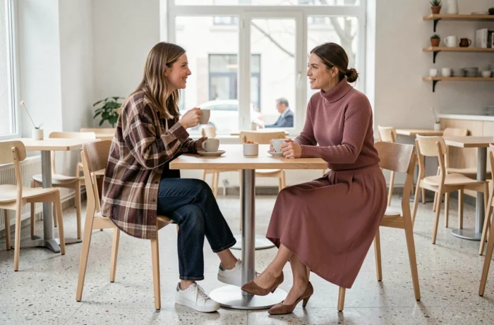 Deux femmes à la mode assises dans un café scandinave discutant autour d'un café, looks tendances saison avec jupe midi et veste oversize