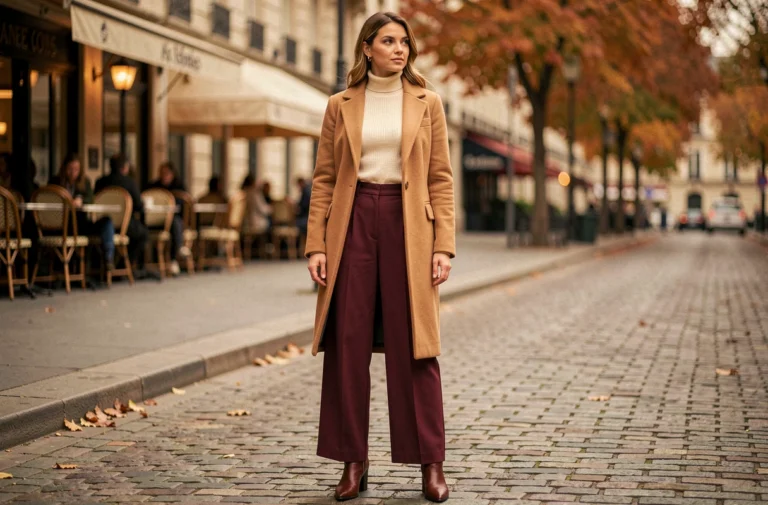 Femme élégante en manteau camel et pantalon large bordeaux dans une rue pavée parisienne en automne, tendances mode femme saison