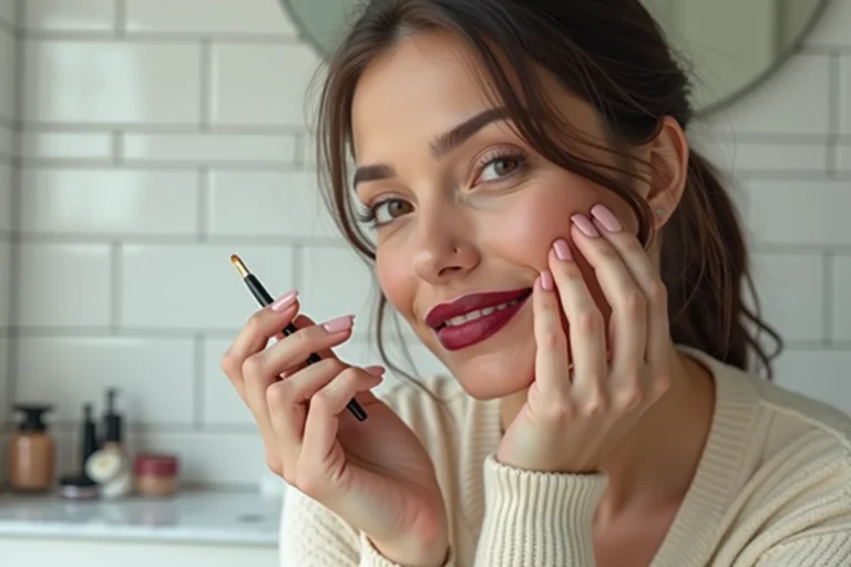Femme appliquant de la poudre libre sur un rouge à lèvres satiné bordeaux pour un effet mat longue tenue dans une salle de bain moderne
