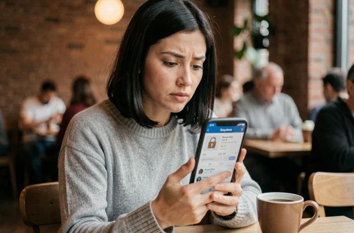 Femme vérifiant les avis et la sécurité d'un site de vente en ligne depuis son smartphone dans un café