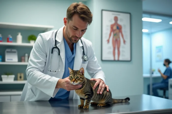 Vétérinaire examinant un chat tigré sur une table d'examen dans une clinique vétérinaire moderne, représentant l'importance des soins médicaux pour les animaux