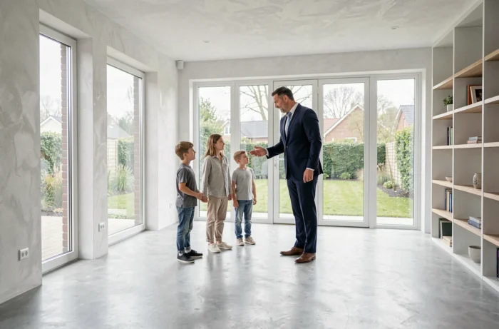 Agent immobilier présentant une maison moderne à une famille en Belgique