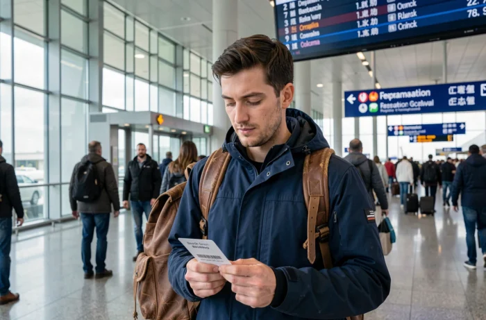 Voyageur organisé dans un aéroport international consultant sa carte d'embarquement devant un tableau des départs