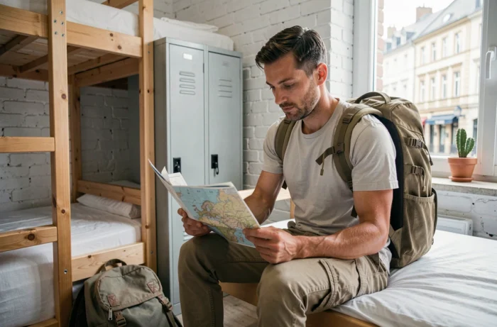 Voyageur consultant une carte dans un dortoir d'auberge de jeunesse moderne en Europe