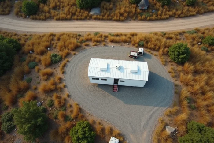 Vue aérienne d'un mobil home positionné sur une zone naturelle isolée avec accès par chemin de terre et végétation sauvage environnante