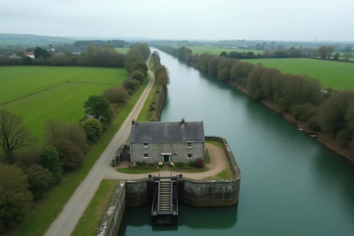 Vue panoramique d'une maison éclusière isolée en Bretagne au bord d'un canal entouré de bocage